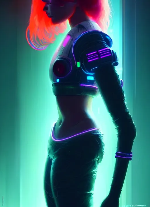 Image similar to an extremely beautiful redhead american female humanoid with freckled cheeks, cyber neon lighting, by loish, d & d, fantasy, futurism, cyberpunk fashion clothes, elegant profile posing, perfect anatomy, hyper photorealistic, digital photography, artstation, pinterest, concept art, art by pascal blanche and greg rutkowski,