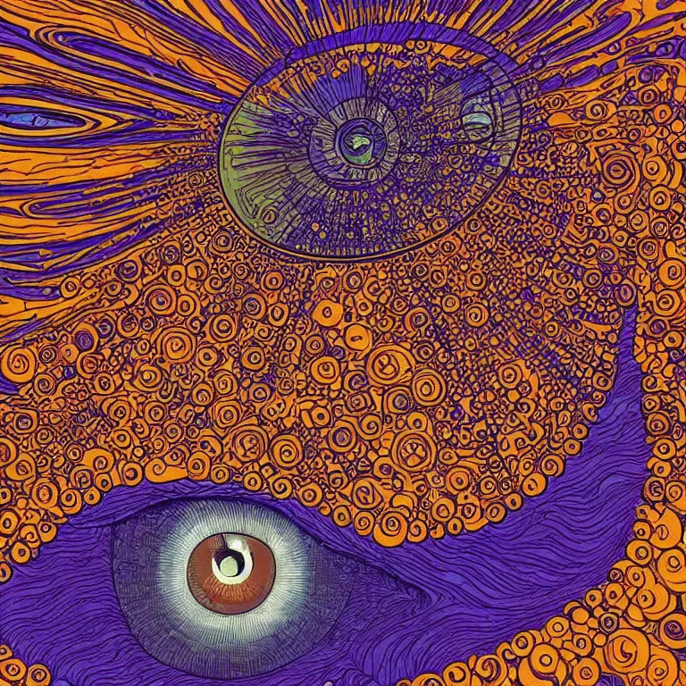 Image similar to an illustration of a giant eye surrounded by many strange things, a comic book panel by jean giraud moebius, behance, psychedelic art, salvia, tesseract, lovecraftian, cosmic horror