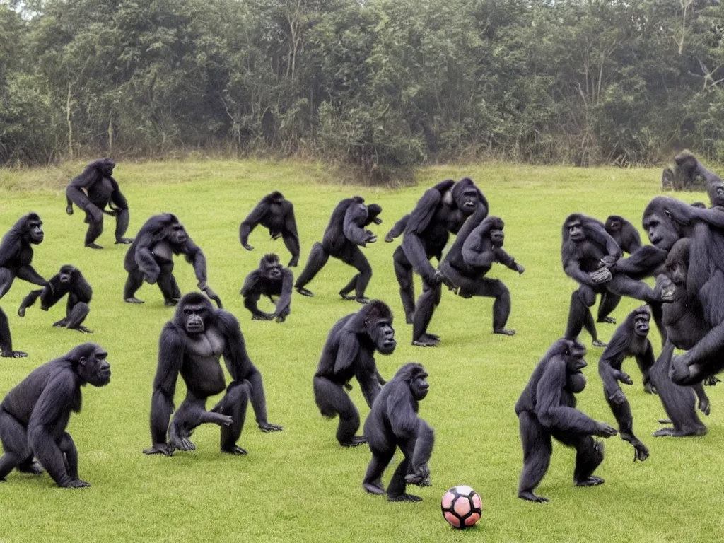 Image similar to gorillas playing a soccer game, vivid