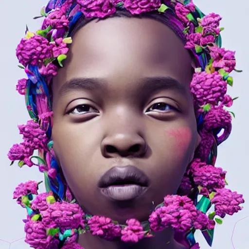 Image similar to colourful vfx art - portrait of focussed nigerian boy wrapped in flowers & vines, art by hsiao - ron cheng & james jean, volumetric light, ray tracing, sharp, detailed, digital painting, illustration, highly detailed, intricate detail, unreal engine, octane render, pinterest, behance, art station,