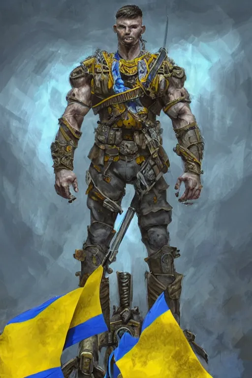 Prompt: a distant shot from below of a Ukrainian super soldier with blue and yellow flag behind him standing alone on a huge pile of skulls posing as a winner, masculine muscular figure, D&D, fantasy, intricate, elegant, highly detailed, extremely detailed, digital painting, artstation, concept art, matte, smooth, hyper realistic, sharp focus, illustration, art by Artgerm and Greg Rutkowski and Alphonse Mucha