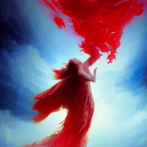 Image similar to a fallen angel in red fluid simulation, painting by ross tran and ivan aivazovsky