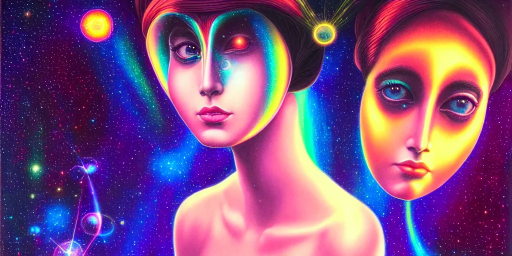 Image similar to patron saint of 🛸🌈👩🏾, futuristic iridescent clothing, wormhole, nebula, black hole, aries constellation, multiverse, neon god of city character portrait, in the style of margaret keane, moebius, tom bagshaw, and waterhouse, cinematic lighting, beautiful, elegant, oil painting,