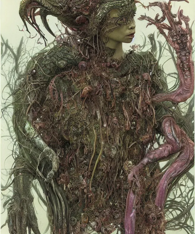 Prompt: a portrait photograph of a fierce sadie sink as an evil alien harpy queen with slimy amphibian skin. she is trying on evil bulbous slimy organic membrane fetish fashion and transforming into a succubus insectoid amphibian. by donato giancola, walton ford, ernst haeckel, brian froud, hr giger. 8 k, cgsociety