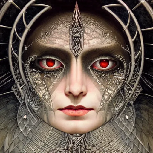 Image similar to beautiful closeup portrait of an art deco witch, glowing eyes. reflective detailed textures, moth wings, highly detailed dark fantasy science fiction painting by tom bagshaw and michael whelan and diego rivera and annie swynnerton and jean delville, elaborate geometric ornament, ancient runes, silver and cool colors. artstation