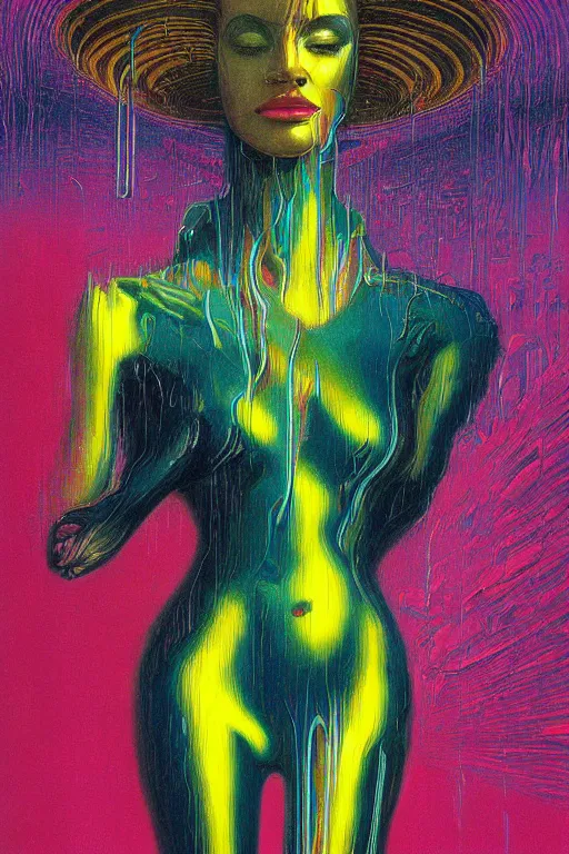 Image similar to 8 0 s art deco close up portait of miss of the world, rain like a dream oil painting curvalinear clothing cinematic dramatic cyberpunk textural fluid lines otherworldly vaporwave interesting details fantasy lut epic composition by basquiat zdzisław beksinski james jean artgerm rutkowski moebius francis bacon gustav klimt