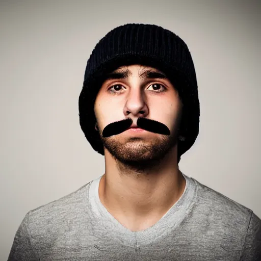 Prompt: a portrait of a 19 year old italian man. he has a mustache, and a beanie on.
