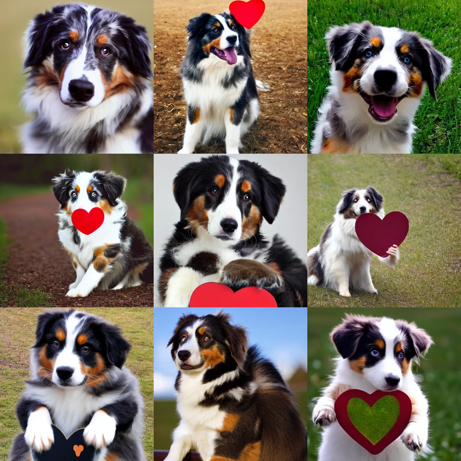 Prompt: australian shepherd holding a heart which shows you that his love will always be true