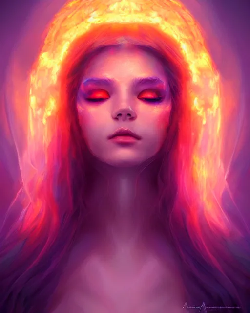 Prompt: Portrait of fire princess cloaked in ethereal glowing aura of light, fantasy portrait by wlop and artgerm, deviantart, sparkling photorealism