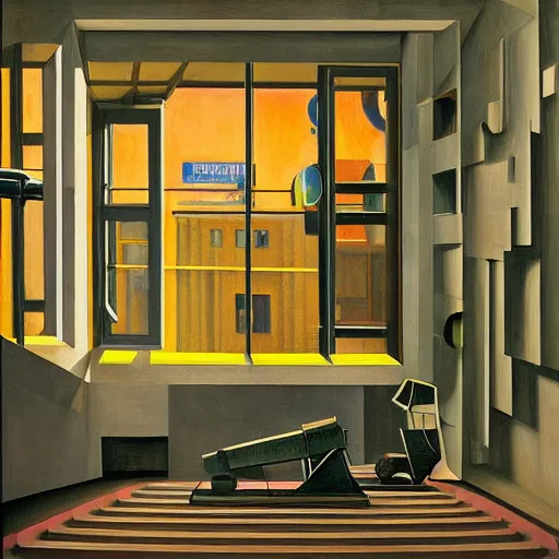 Prompt: cutaway section of a giant robot revealing people living inside, brutalist, dystopian, pj crook, edward hopper, oil on canvas