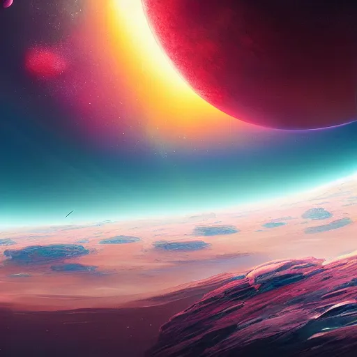 Prompt: horizon of a colorful exoplanet, view from space far away, artstation, cinematic, by greg rutkowski, scifi, digital art