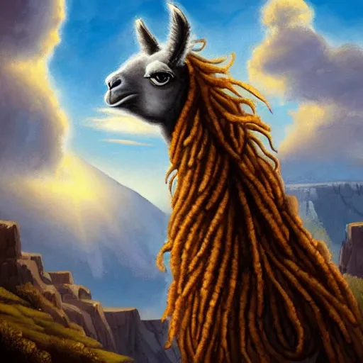 Prompt: llama with dreadlocks, heroic pose, by Noah Bradley, fresco