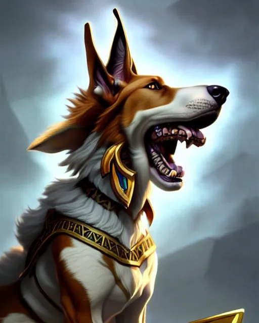 Prompt: nasus the armored egyptian anubis white and brown border collie warrior from videogame league of legends the armored egyptian collie warrior from videogame league of legends with the face of a white and brown border collie, full body armor, highly detailed, artstation, cinematic character, by artgerm and greg rutkowski