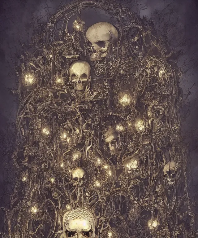 Image similar to a skull temple made of wat rong khun temple!! by charlie bowater and art germ, rule of thirds, golden ratio, art nouveau! cyberpunk! style, mechanical accents!, mecha plate armor, glowing leds, flowing wires with leaves, art nouveau accents, art nouveau patterns and geometry, rich deep moody colors