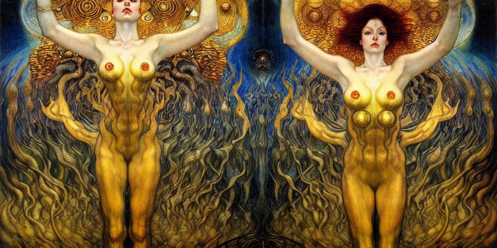 Image similar to Divine Chaos Engine by Karol Bak, Jean Delville, William Blake, Gustav Klimt, and Vincent Van Gogh, symbolist, visionary