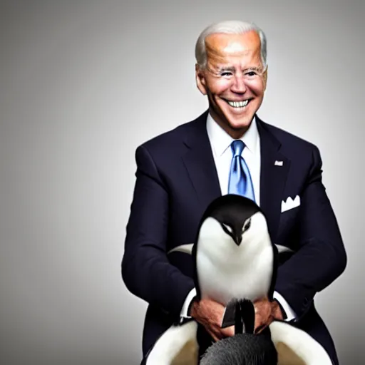 Prompt: Joe Biden riding a penguin, realistic, studio lighting
