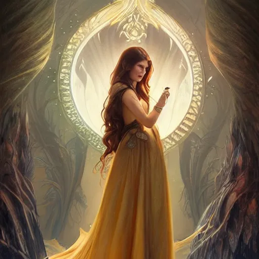 Image similar to anna kendrick holding a glowing wand in one hand and a large leather bound book, fantasy, intricate, elegant, highly detailed, digital painting, artstation, concept art, matte, sharp focus, illustration, in the style of magic the gathering, art by artgerm and greg rutkowski and alphonse mucha