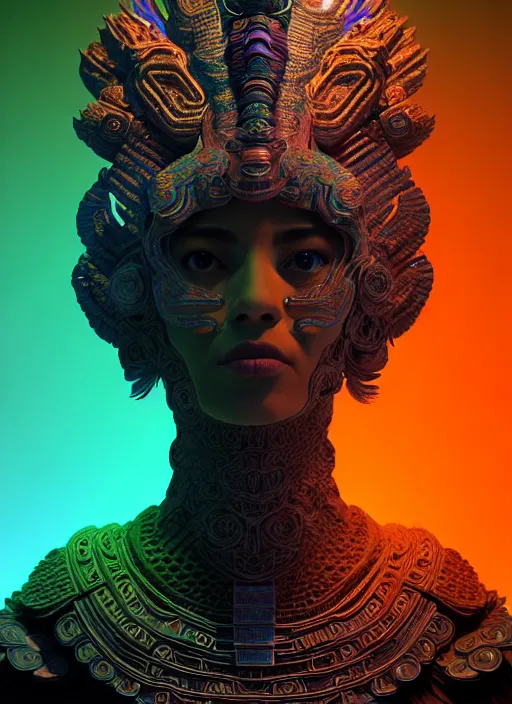 Image similar to 3 d mexican goddess profile portrait. beautiful intricate highly detailed quetzalcoatl helmet and feathers. low - key lighting, bioluminescent, plasma, lava, ice, water, wind, creature, thunderstorm! artwork by tooth wu and wlop and beeple and greg rutkowski, 8 k trending on artstation,