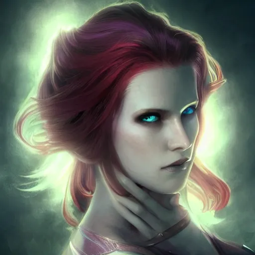 Image similar to redhead vampire sorceress, perfect face viewed in profile, bright glowing purple and red eyes, gold shirt, cinematic, floating ash, stunning, highly detailed, artstation, smooth, hard focus, concept art, art by artgerm and greg rutkowski and alphonse mucha, volumetric lighting, octane render, 4 k resolution, trending on artstation, masterpiece