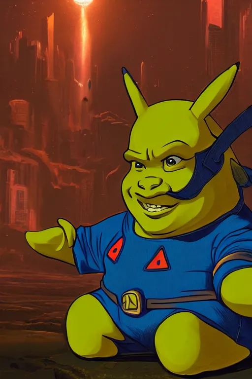 Prompt: portrait of Shrek dressing up as Pikachu, rule of thirds, captivating glowing lights, Star Trek setting, on Cyberpunk Mars, photo realistic by Yaşar VURDEM , artstation, unreal engine, character concept art by Moebius, high quality printing