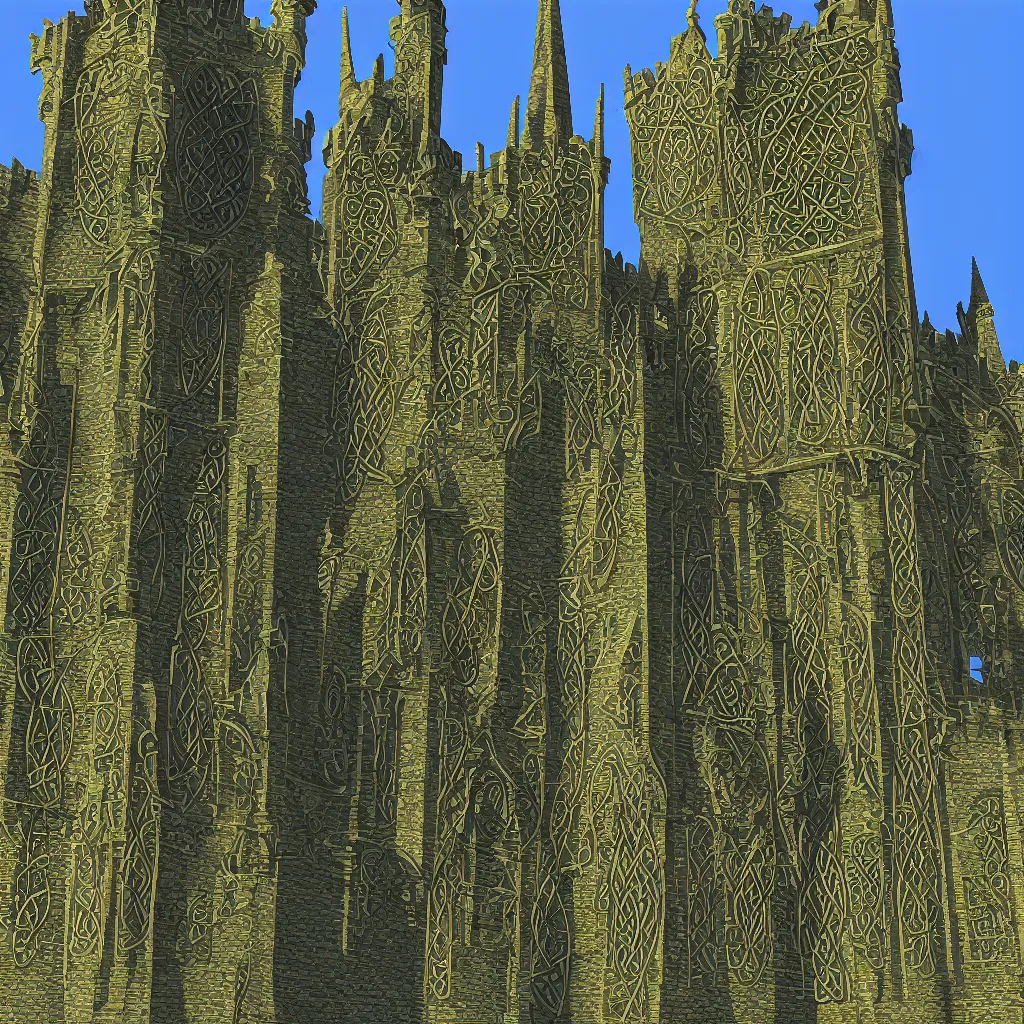 Image similar to tall fantasy celtic castle, 4 tall towers, photorealistic, hyper detailed, hohenzollern castle, close up