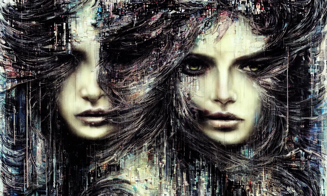 Image similar to hyperrealistic portrait of a mysterious cyberpunk woman with flowing hair, by Guy Denning, Johannes Itten, Russ Mills, beautiful, elusive, glitch art, beautiful eyes, detailed eyes, enchanted, hacking effects, glitch effects, digital tech effects, cybernetics, detailed lines, intricate detail, holographic, chromatic, clear, color blocking, acrylic on canvas, octane, concept art, abstract, red face, front view, 8k, trending on cgsociety, trending on artstation