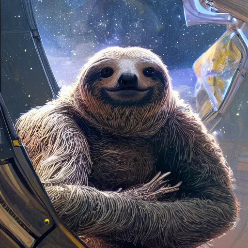 Prompt: detailed science - fiction character portrait of a sloth in space robot suit, intricate, wild, highly detailed, digital painting, artstation, concept art, smooth, sharp focus, illustration, art by artgerm and greg rutkowski and alphonse mucha