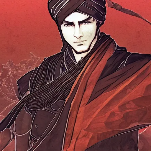Image similar to an illustration for a new video game, by square enix, about a hero who fights for his nation, the depiction of a very beautiful face, wearing a turban and also a black horse, his clothes are very desert patterned, and also symmetrical, perfect shape, and also very detailed, this illustration is drawn by yoshitaka amano