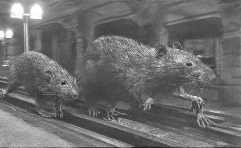 Image similar to old photo from 1 9 6 5. very large giant mutant zombie rat on railways in tonnel of moscow metro. extreme high detail. low dark light, scary atmosphere