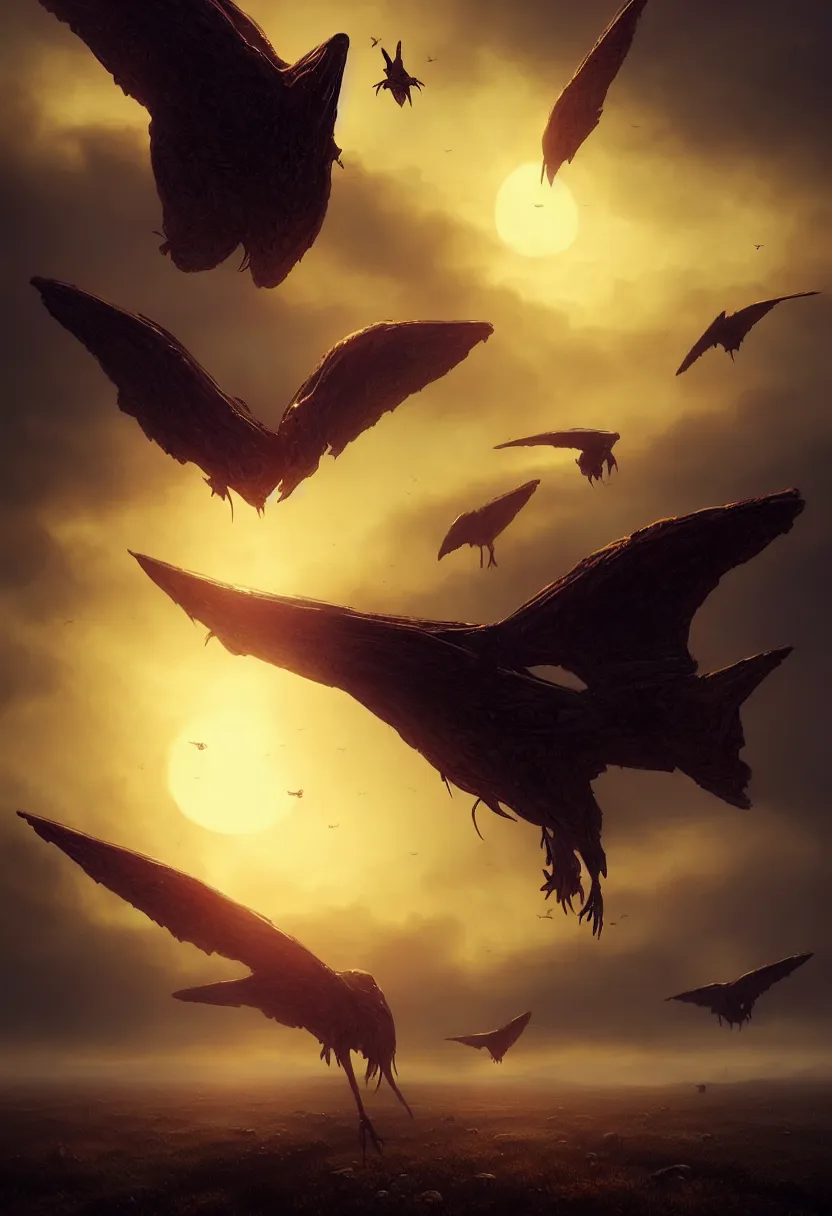 Image similar to strange alien birds flying up, autumn sunset, ultra high definition, ultra detailed, symmetry, fog, matte painting, by greg rutkowski and ross tran and wlop