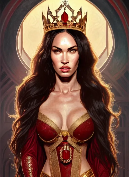 Image similar to portrait of megan fox as a queen, throne, jewelry, greek, ruby, intricate, headshot, highly detailed, digital painting, artstation, concept art, sharp focus, cinematic lighting, illustration, art by artgerm and greg rutkowski, alphonse mucha, cgsociety