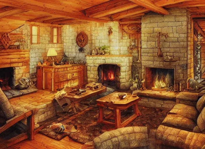 Prompt: the living room of a cozy wooden house with a fireplace, at night, interior design, d & d concept art, d & d wallpaper, warm, digital art. art by james gurney and larry elmore.