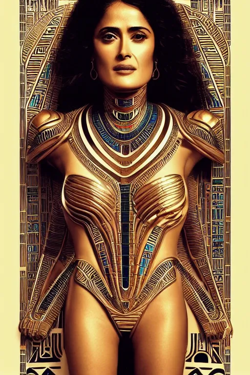 Image similar to Portrait of Salma Hayek as a tomb robot, intricate art deco leaf designs, elegant, highly detailed Egyptian patterns, hieroglyph, sharp focus, art by Artgerm and beeple