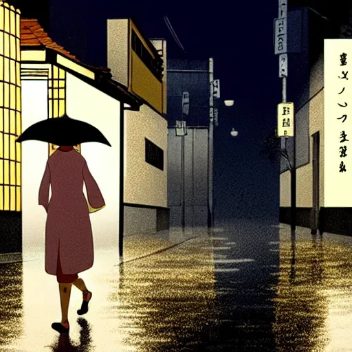 Image similar to a woman wearing a white dress walking on the wet street on a rainy night in kyoto by wes anderson and makoto shinkai. dramatic lighting. cel shading.