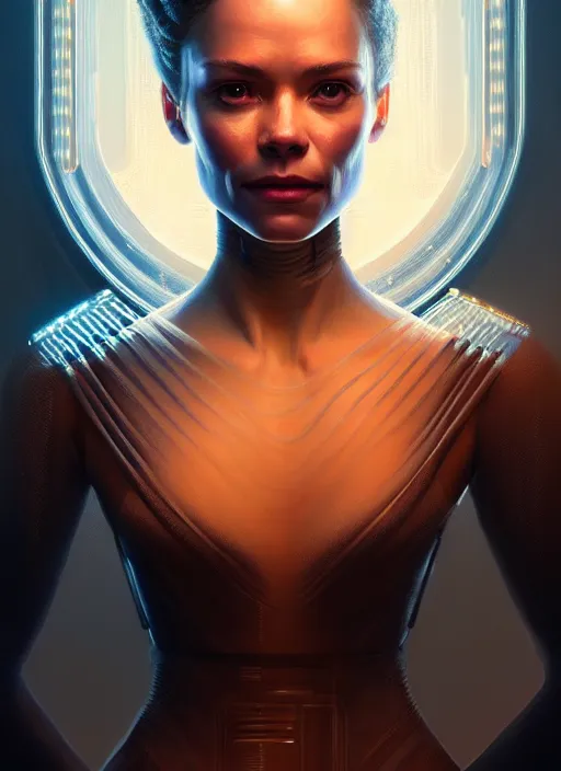 Image similar to portrait of drone hale from westworld, intricate, elegant, glowing lights, highly detailed, digital painting, artstation, glamor pose, concept art, smooth, sharp focus, illustration, art by artgerm and greg rutkowski, artey freytag