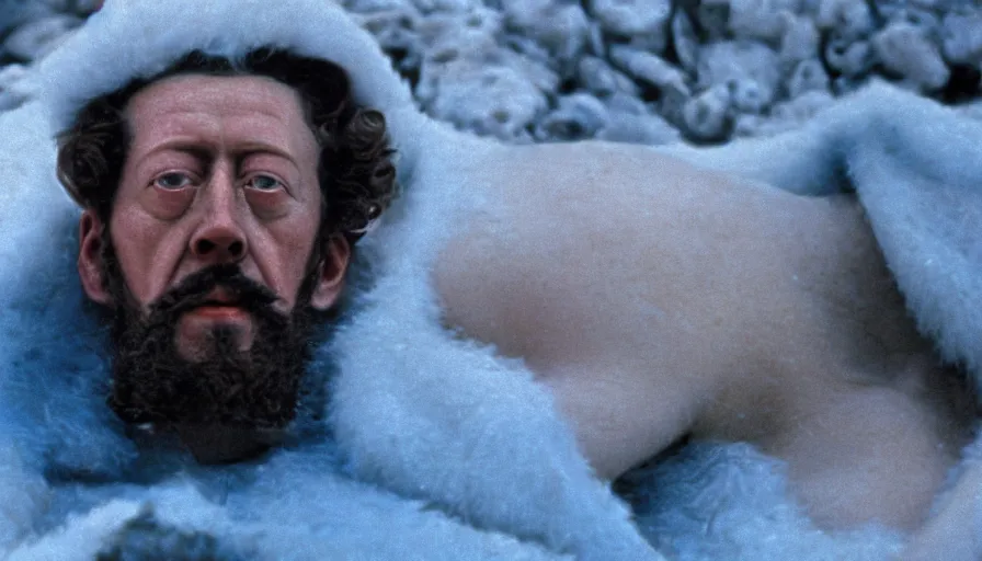 Image similar to 1 9 6 0 s movie still close up of marcus aurelius frozen to death in a blue cape with fur in a river with gravel pebbles, pine forests, cinestill 8 0 0 t 3 5 mm, high quality, heavy grain, high detail, texture, dramatic light, anamorphic, hyperrealistic, detailed hair