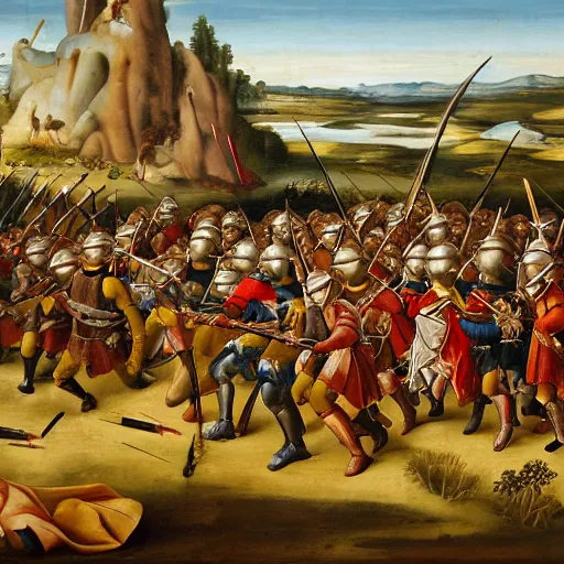 Image similar to a renaissance painting of a line of pikemen moving into battle, taken from the front.