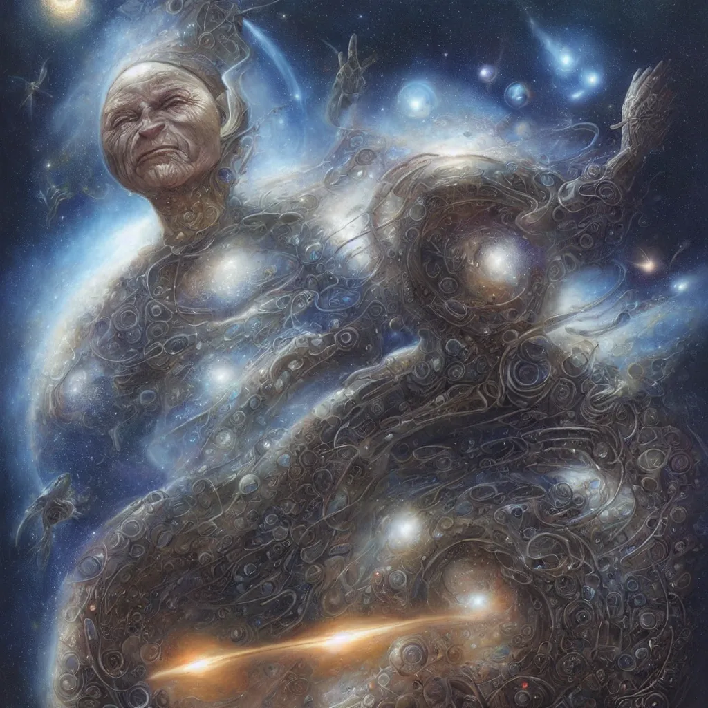 Prompt: a sentient traveler of galaxies, by jim burns and tomasz alen kopera