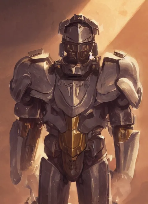 Image similar to medium-length portrait of a male paladin with short curly hair and a dark beard, dark brown skin, happy expression, wears a suit of power armor, gundam, medieval setting, highly detailed, digital painting, artstation, concept art, sharp focus, illustration, art by greg rutkowski and alphonse mucha