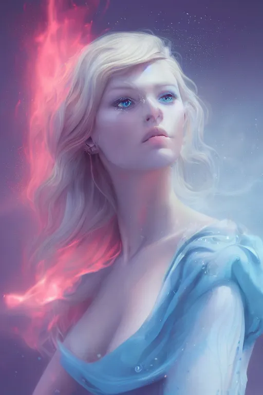 Image similar to detailed portrait of a beautiful blonde haired woman with sparkling blue eyes, elegant, blue cotton dress, background is a fountain in the park, in the style of peter mohrbacher, artgerm, dramatic lighting and composition, pink fog background, octane render, trending on artstation, concept art 8 k