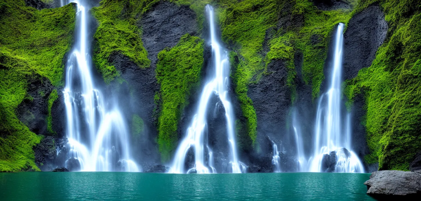 Image similar to a waterfall in the middle of a mountain range, a detailed matte painting by hallsteinn sigurðsson, shutterstock contest winner, naturalism, uhd image, creative commons attribution, photo taken with ektachrome