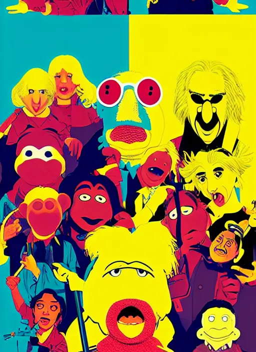 Prompt: poster artwork by Michael Whelan and Tomer Hanuka, The Muppet Show cast portrait photo, movie scene from Kill BIll, pop art poster, vector art, poster artwork by Michael Whelan and Tomer Hanuka