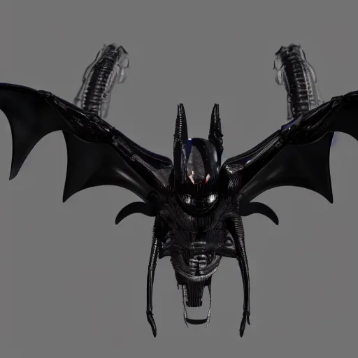 Prompt: 3d render of a xenomorphic bat, black chrome