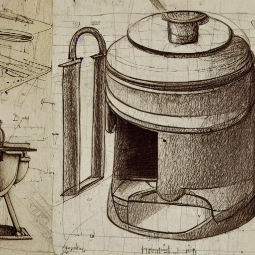 Image similar to various sketches of a futuristic coffee grinder in the style of leonardo da vinci, ultra detailed, scribbles, technical drawing, engineering blueprints