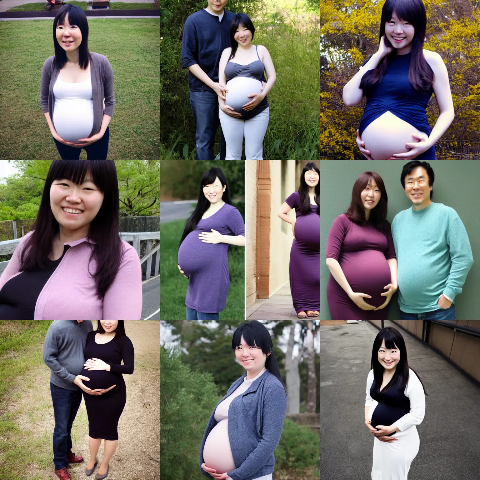 Prompt: ioriyuki with biggest pregnancy ever, fully clothed, standing sideways, full body view, realistic, smiling