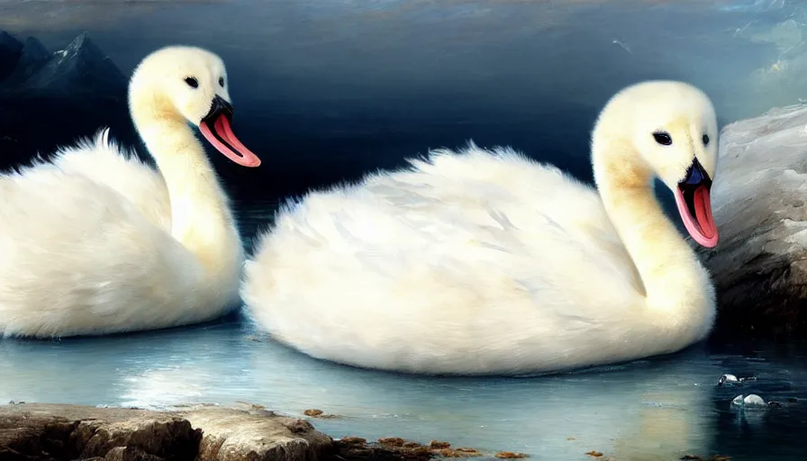 Image similar to highly detailed painting of cute furry white baby seal swan cats cuddling into each other on a blue and white iceberg by william turner, by greg rutkowski, by william constable, thick brush strokes and visible paint layers, 4 k resolution