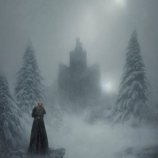 Image similar to epic portrait an secret facility in the middle of blizzardy mountains, snowy, foggy, cloudy, digital painting, artstation, concept art, soft light, hdri, smooth, sharp focus, illustration, fantasy, intricate, elegant, highly detailed, D&D, matte painting, in the style of Greg Rutkowski and Alphonse Mucha and artemisia, 8k, highly detailed, jurgens, rutkowski, bouguereau, pastoral, rustic, georgic