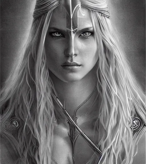 Image similar to portrait of astonishing aphrodite goddess as an archer warrior, arrow, beautiful piercing eyes, flowing blonde hair, realistic face, black and white drawing, in the style of greg rutkowski, fantasy, amazing detail, epic, intricate, elegant, smooth, sharp focus
