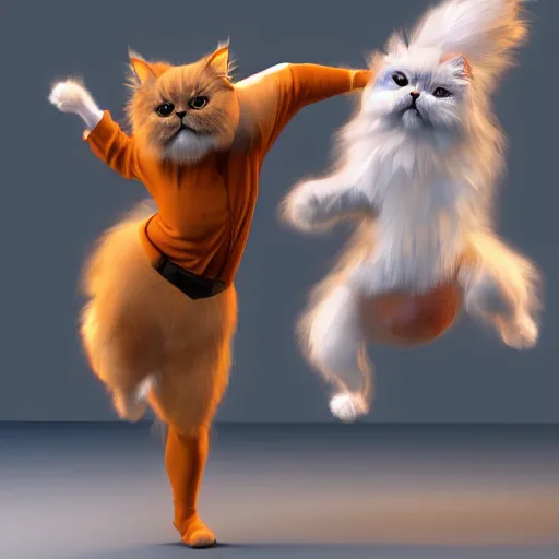 Prompt: A hyper real comic book style portait painting of a persian cat dancing salsa with another persian cat, unreal 5, hyperrealistic, octane render, cosplay, RPG portrait, dynamic lighting