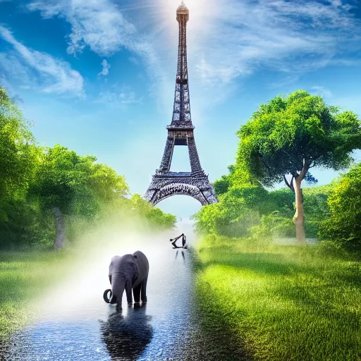 Image similar to very small dog in a high speed chase with an elephant out in the african jungle with a watering hole and eiffel tower in the background, 8k, 4k, high detail